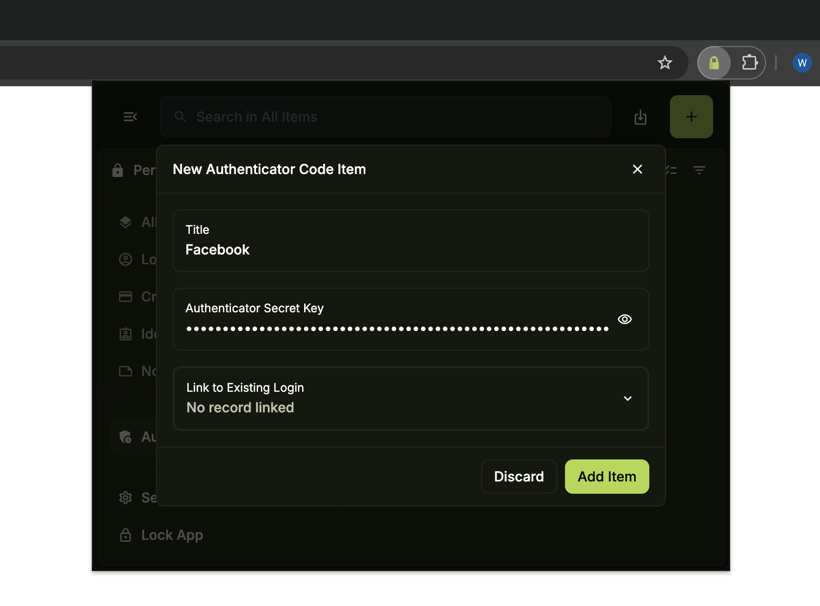 New Authenticator Code Item form in the browser extension