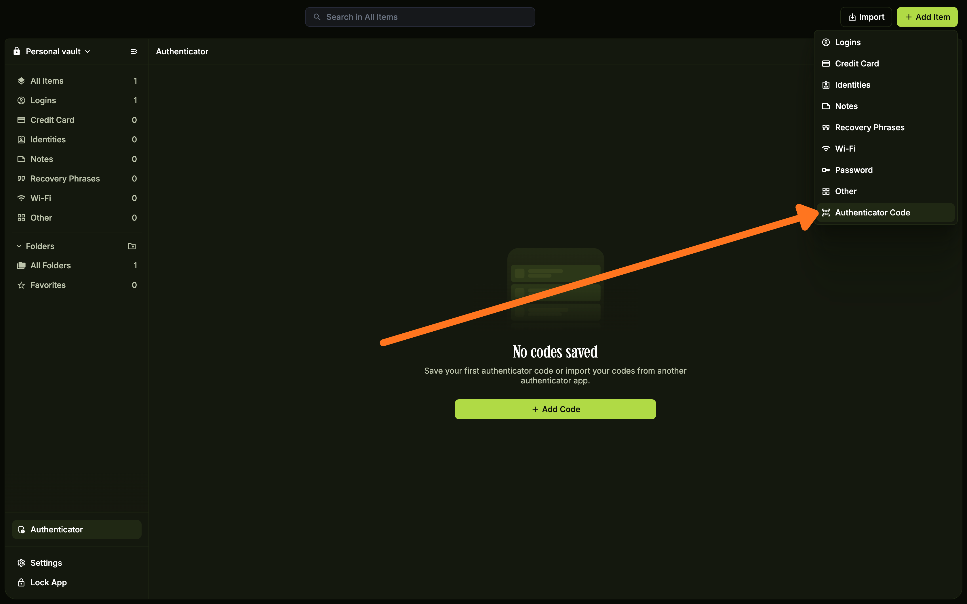 Select Authenticator Code from the dropdown